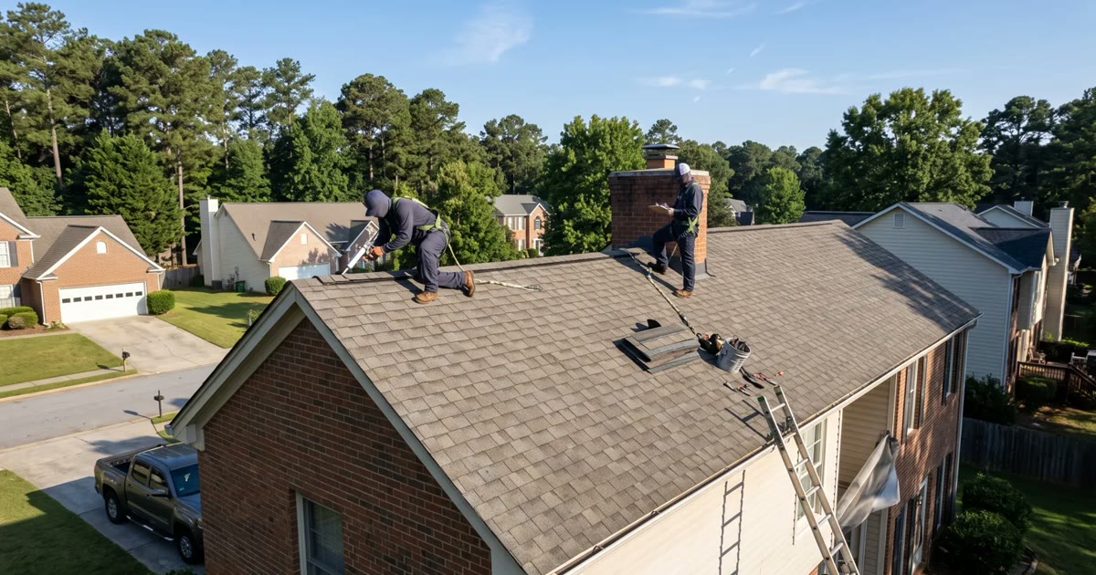 Patton Construction project manager documenting hail damage on a shingle roof in a Marietta GA neighborhood